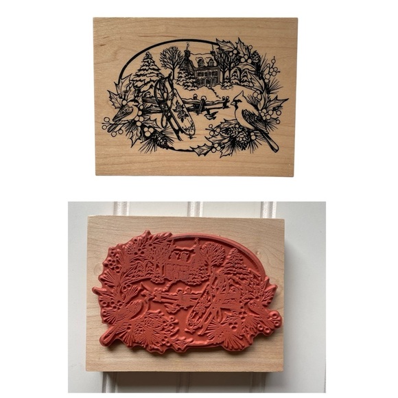 Vintage PSX Rubber Stamp K-2431 Winter Christmas Scene Oval Birds Sleigh House - Picture 6 of 6